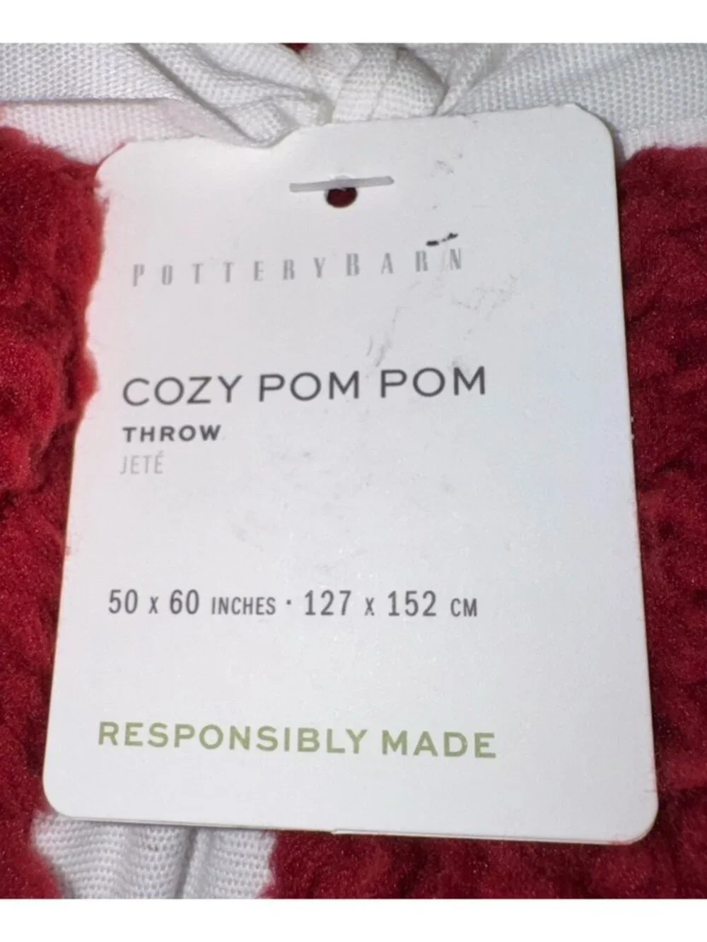 NEW POTTERY BARN Cozy Pom Pom Knit Sherpa Faux Fur Throw Blanket 50x60 Red